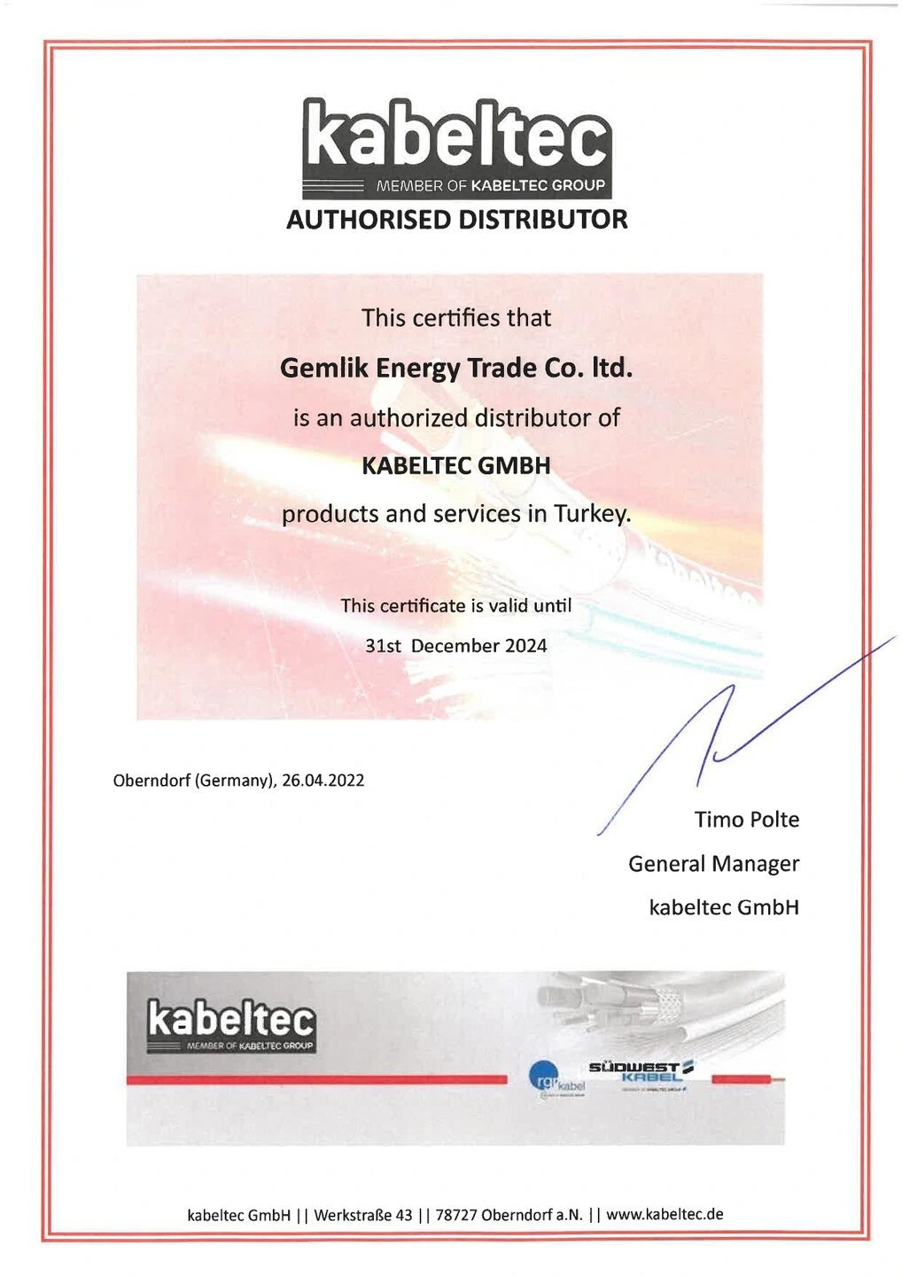 Kabeltec HP Agency Agreement — Turkey